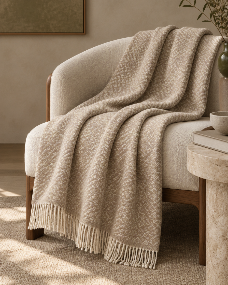 Mise en scène du plaid Kentii sur un fauteuil en bois et lin, avec son motif beige et ses franges écrues
