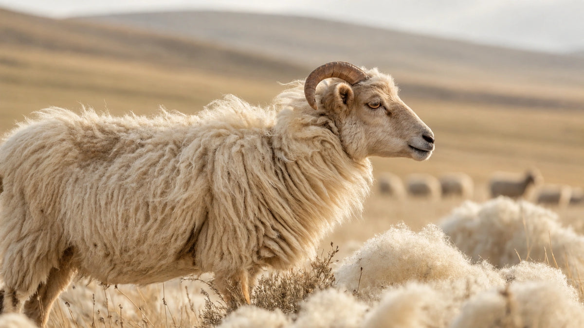 Mouton à la toison claire et aux cornes recourbées dans la steppe.