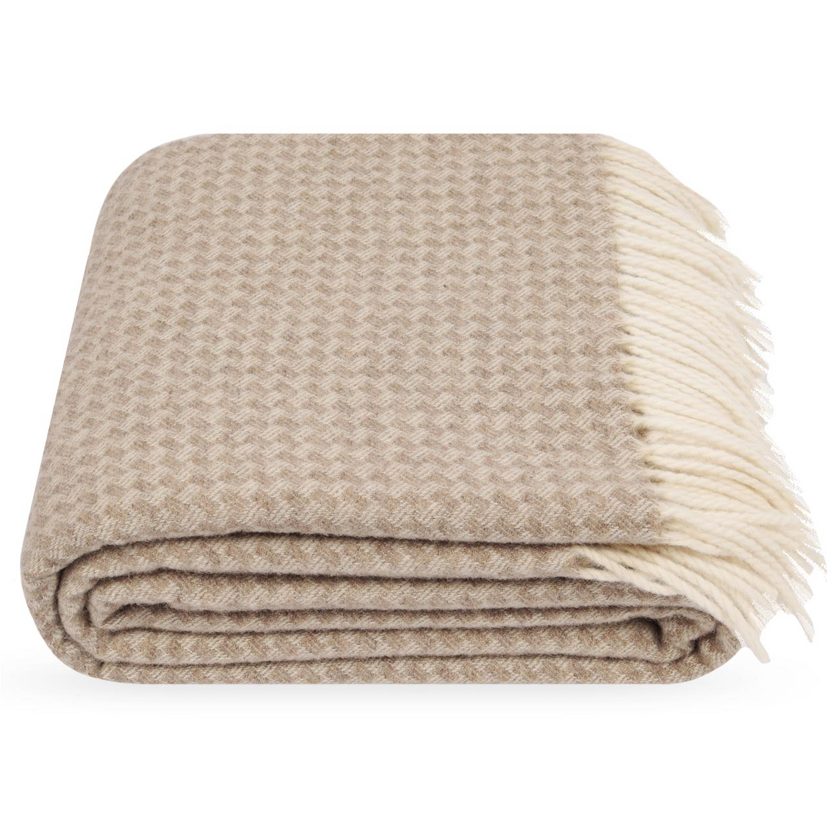 Plaid Kentii en laine mongole non teinte, plié, motif beige et franges écrues