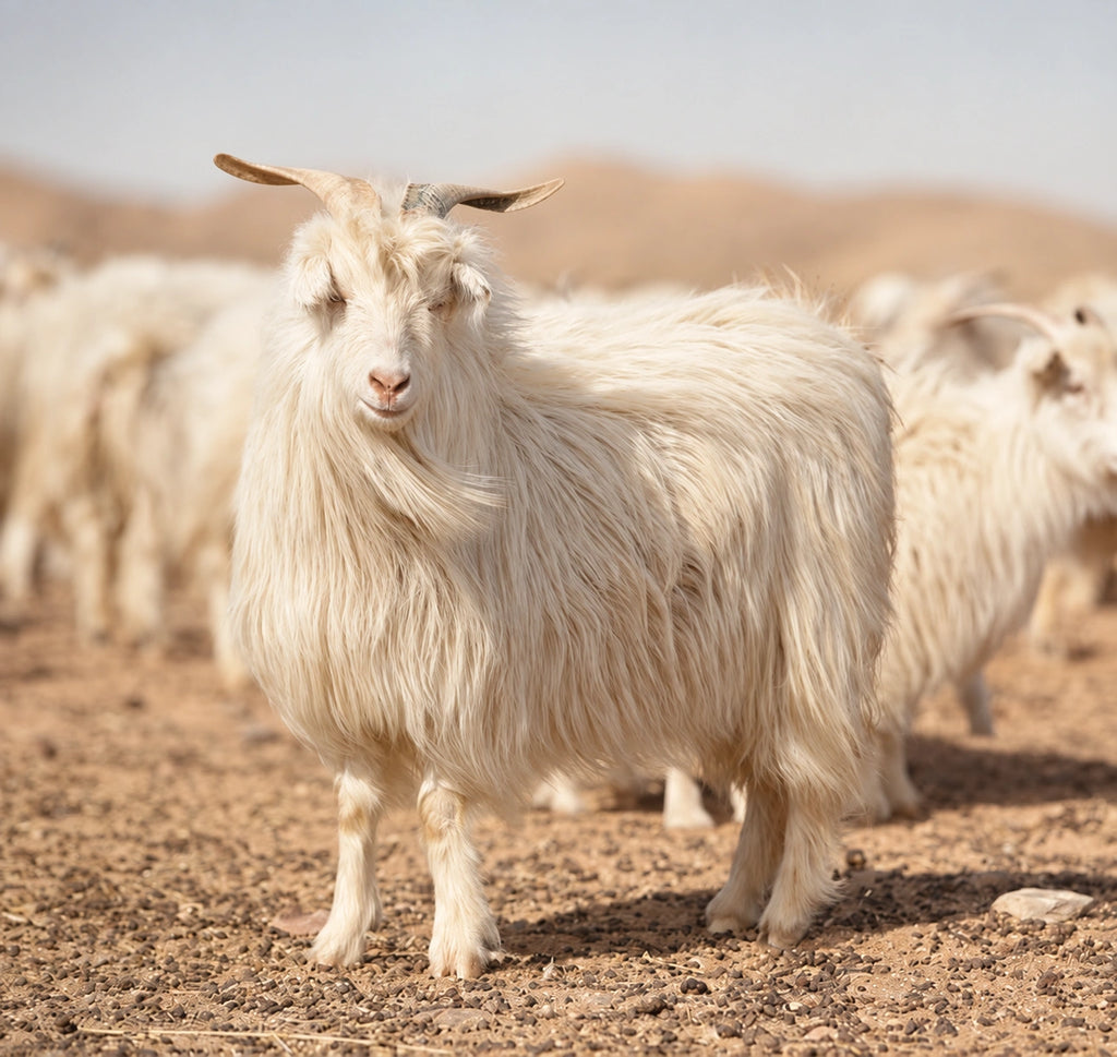Chèvre cachemire au pelage clair dans un paysage naturel.