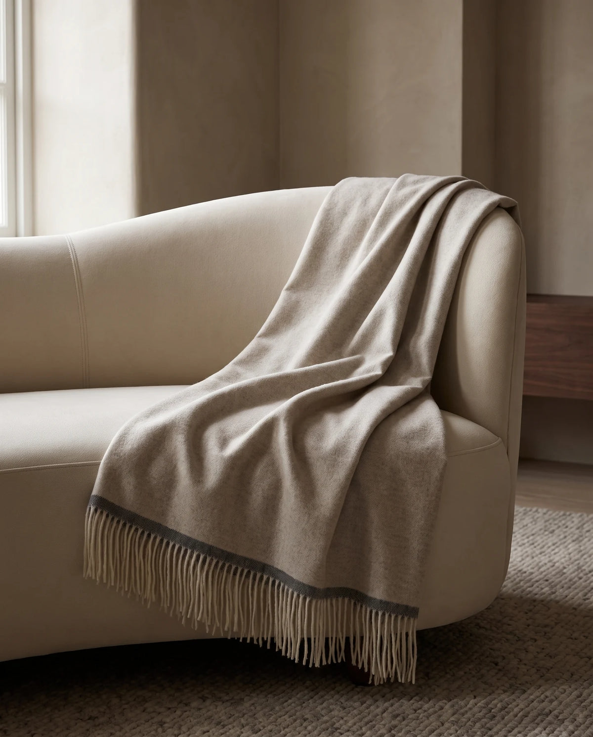 Plaid Milano Beige en mérinos et cachemire sur un canapé crème — mise en scène