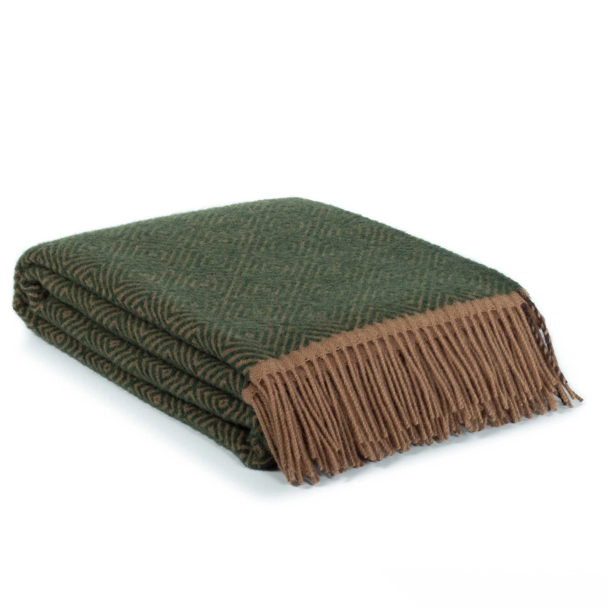 Plaid Venezia Feuille MoST, motif vert et franges couleur camel